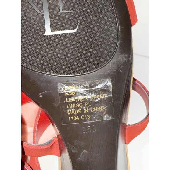 Ralph Lauren Demi Wedge Sandal Red Leather Strappy Gold Buckle Comfort 9.5 B - Picture 12 of 16